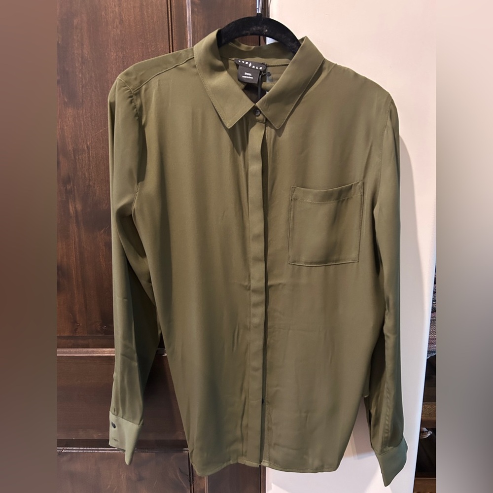 Tell Tale Olive Green Sheer Back Slit Back Blouse